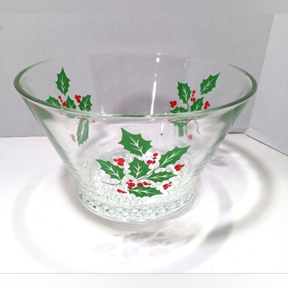 Vintage Indiana Glass Christmas Ice Bucket Serving Bowl Holly Berries Design